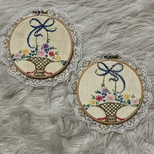 Vintage‎ Set Of 2 Needlepoint Framed Stitched Lace Floral Baskets Bows  Handmade